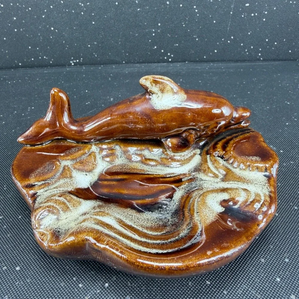 Vintage Ceramic‎ Dolphin Figurine Drip Glaze Brown Tan Coastal Art Pottery 5in